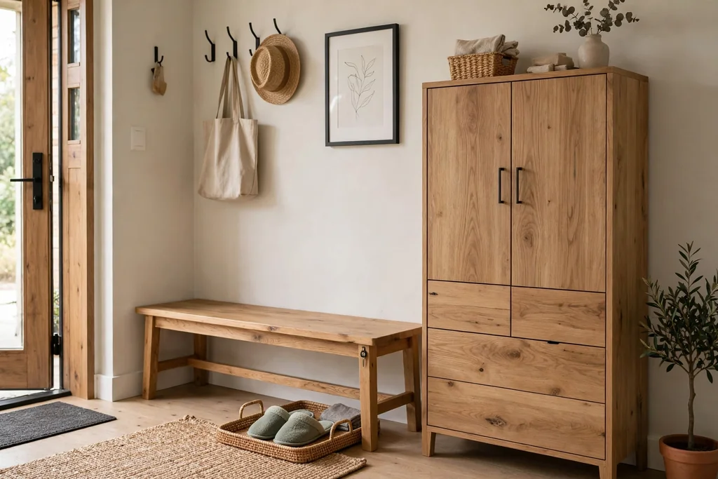 Home entry with a low wood bench, shoe cabinet, and indoor slippers on a tray.