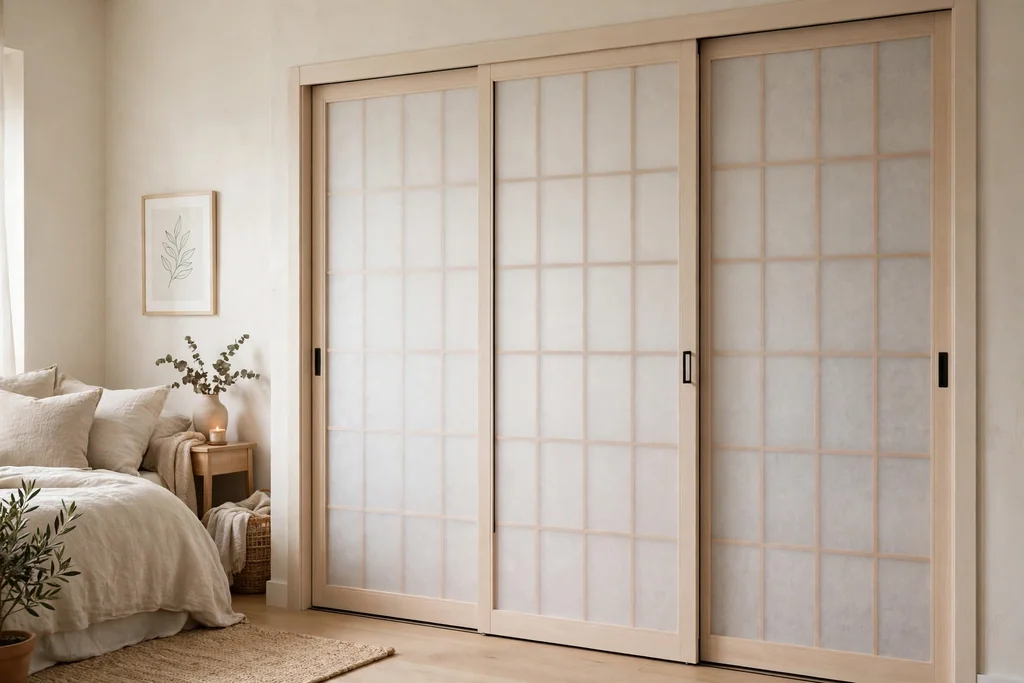 Bedroom closet with translucent paper-paneled sliding doors in a pale wood frame.