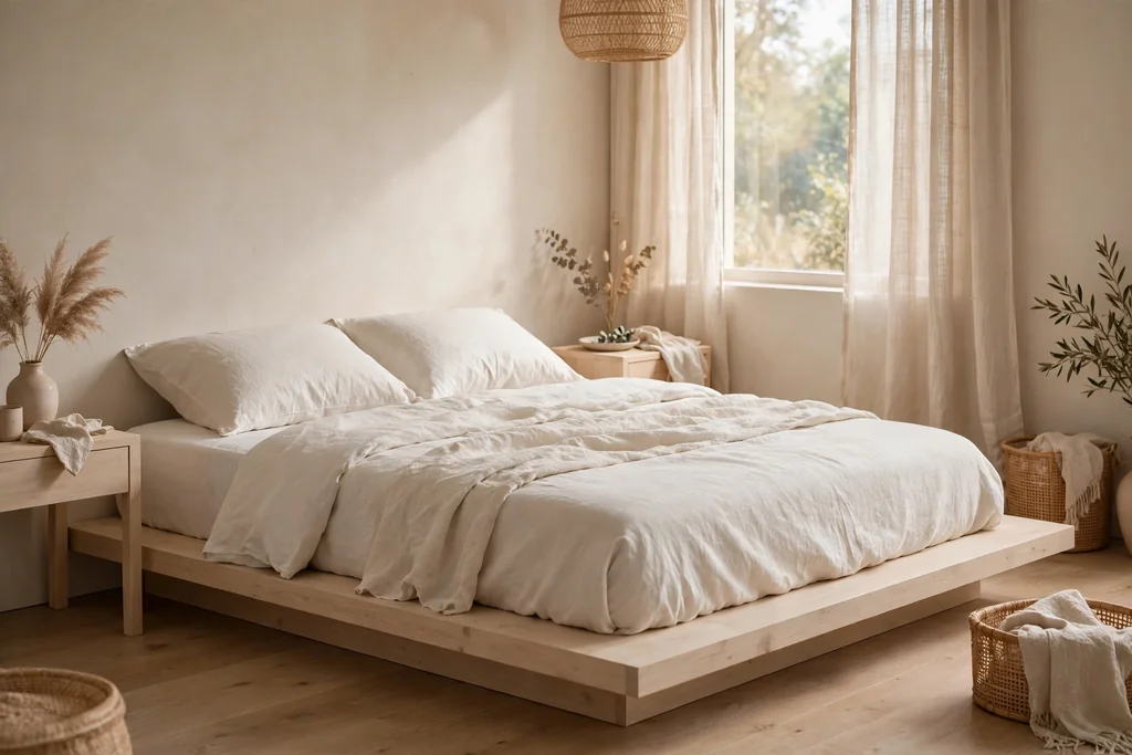 Bedroom with a low platform bed in pale wood and plain warm white linen bedding.