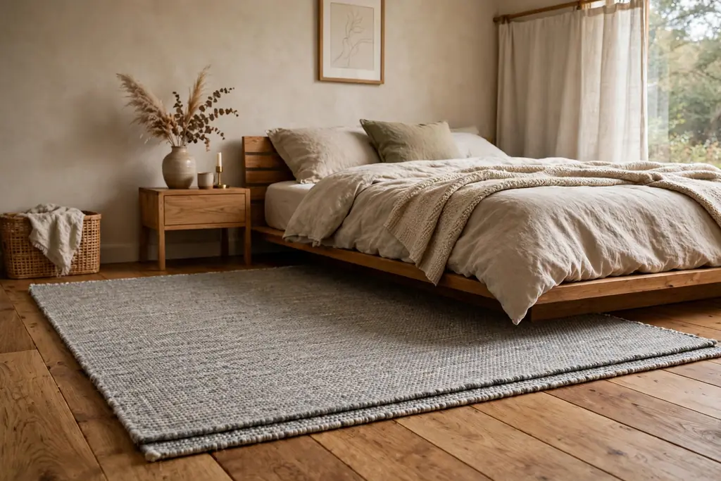 Bedroom with a flat wool rug layered over a warm wood floor beside a low bed.