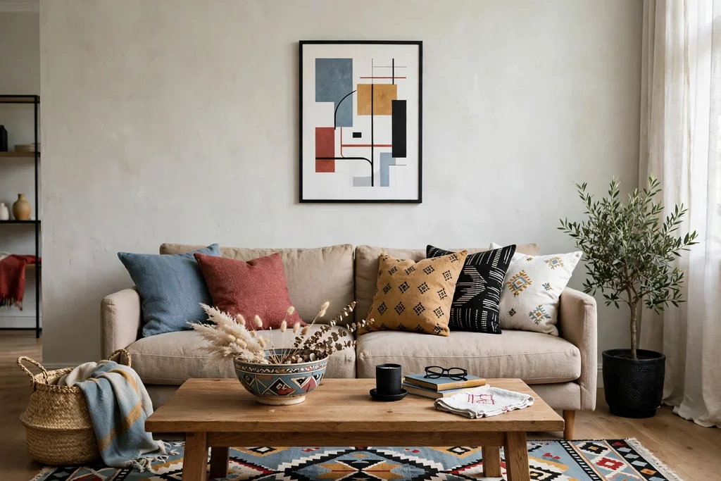 Living room with muted blue, red, ochre, black, and white accents on a pale base.
