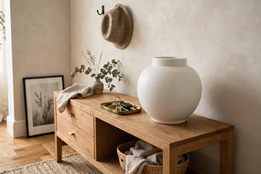 Entry console with a single white porcelain moon jar and a small tray for keys.