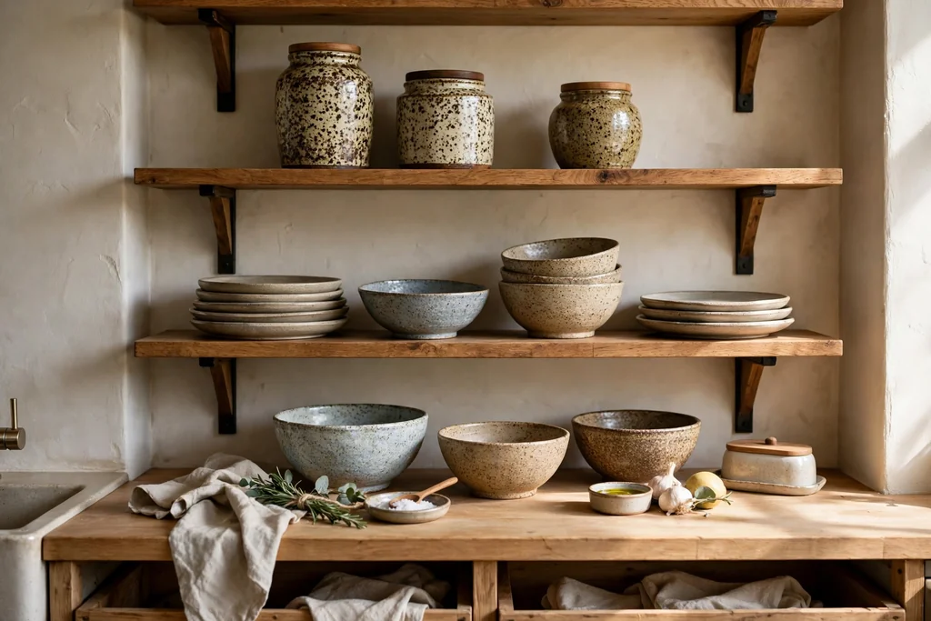 Kitchen with open shelves holding stoneware bowls, plates, and speckled earthenware jars.