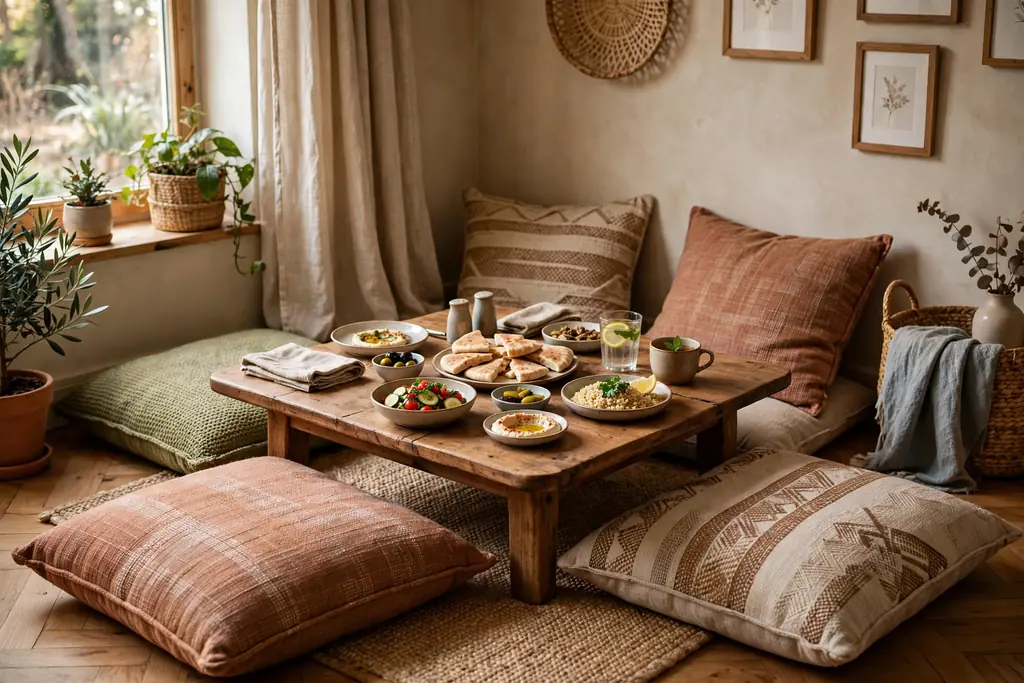 Dining corner with a low wood table and thick floor cushions for a shared meal.