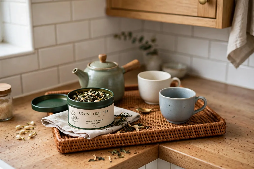 Kitchen counter corner with a tea tray, small teapot, cups, and a tin of loose leaf tea.