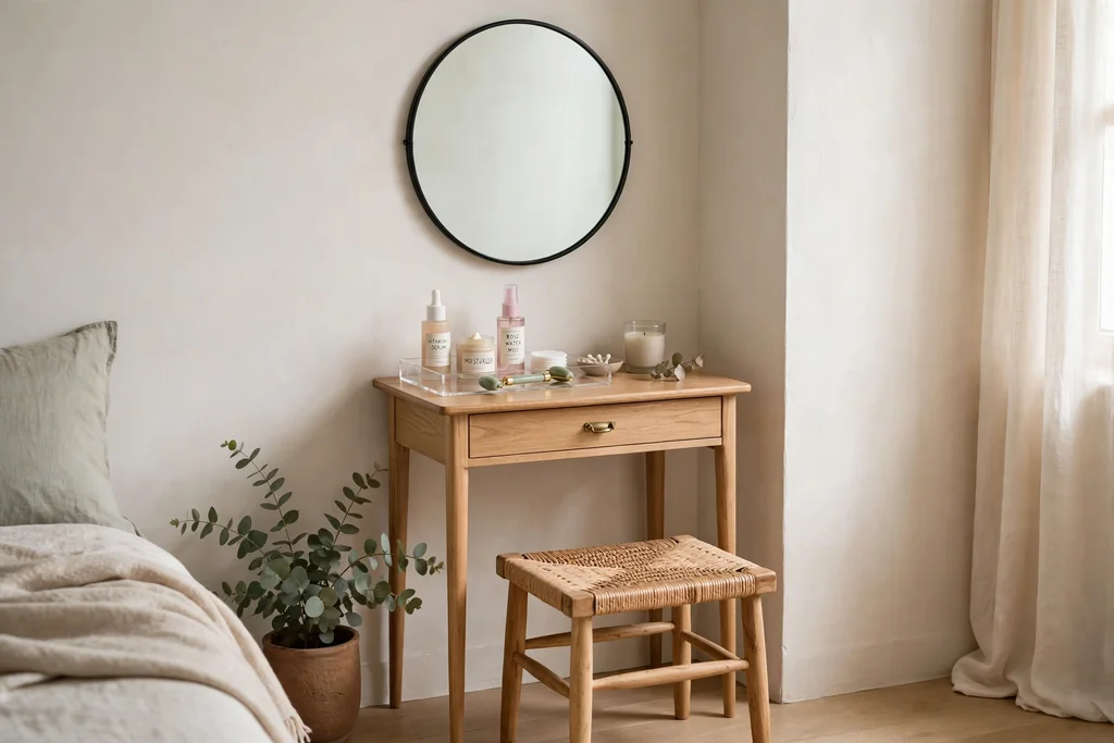 Bedroom corner with a small vanity table, round mirror, low stool, and skincare tray.