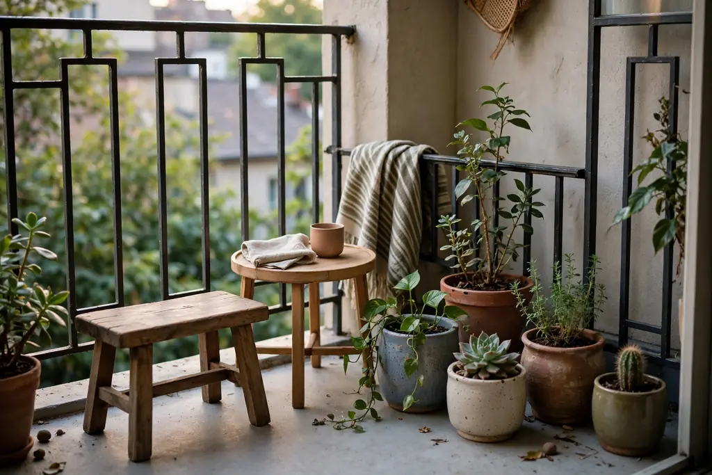Small balcony with a low stool, small side table, and potted plants in ceramic pots.