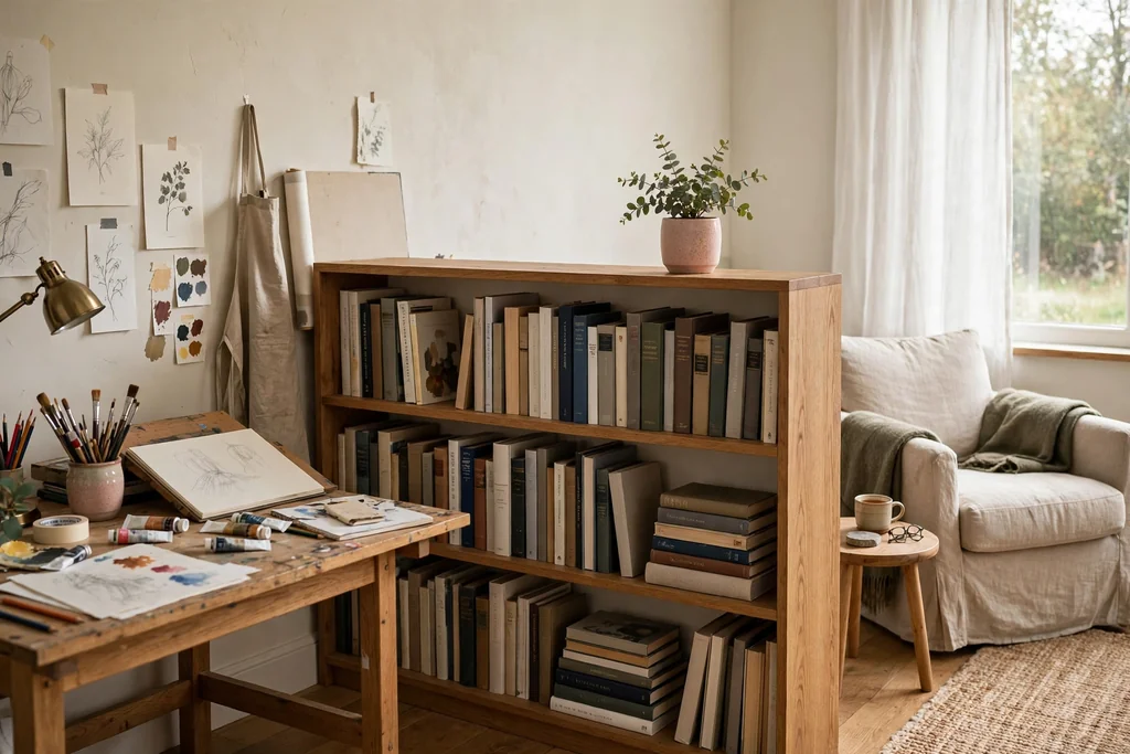 Studio room divided by a low bookshelf with books and a small plant on top.