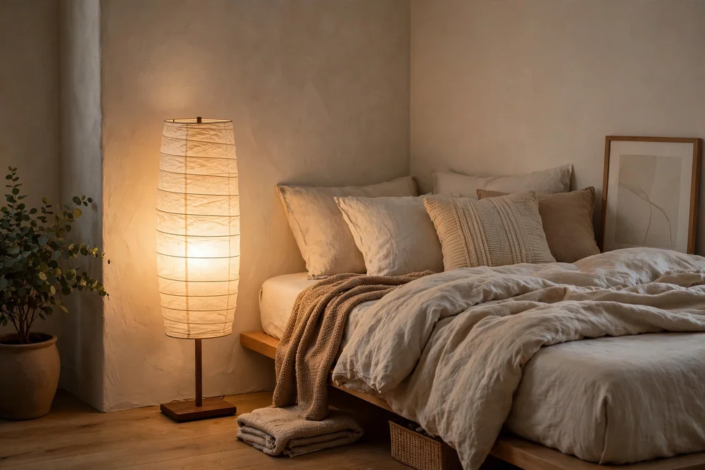 Bedroom corner with a paper floor lamp glowing softly beside a low bed.