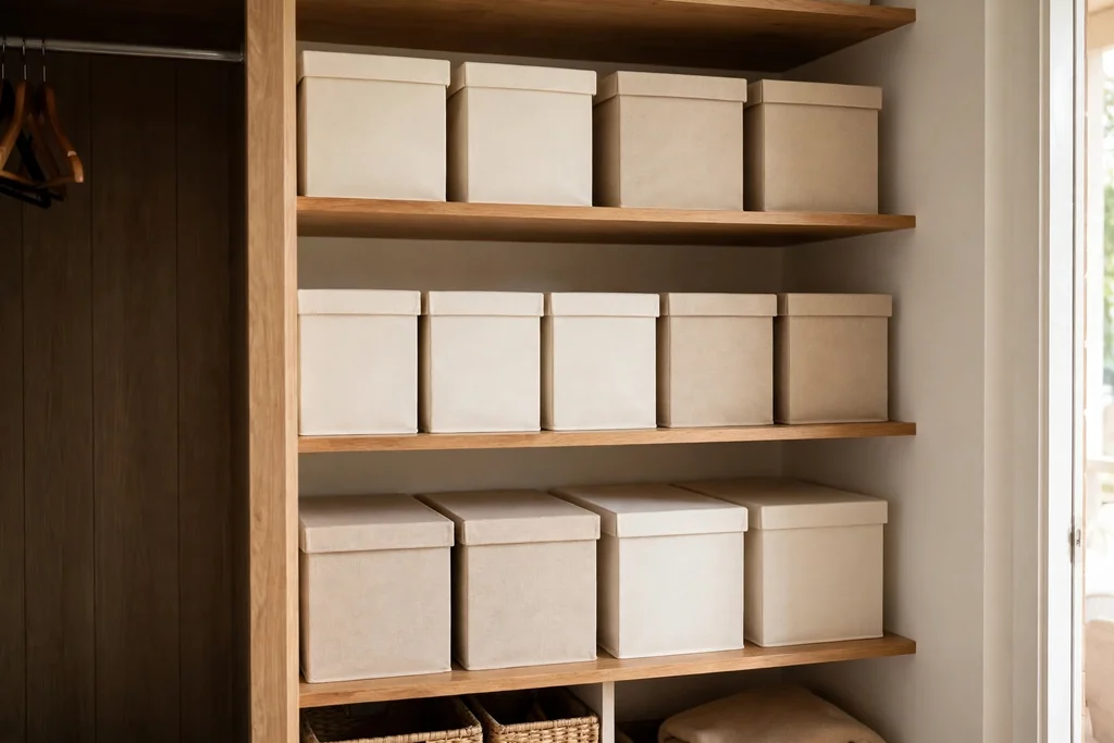 Closet interior with plain cloth storage boxes in cream and beige on shelves.