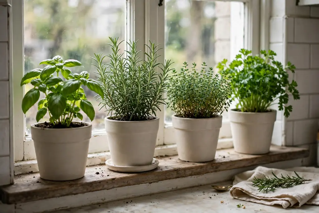 Kitchen windowsill with fresh herbs growing in plain ceramic pots.
