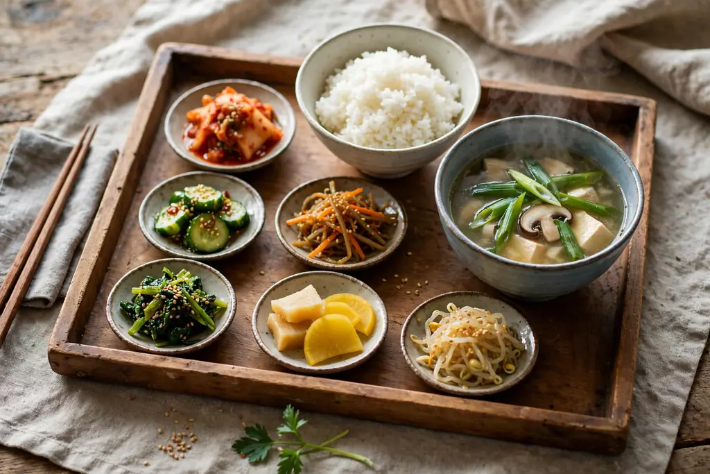 Wooden tray with small side dishes, rice, and soup set for a shared family meal.