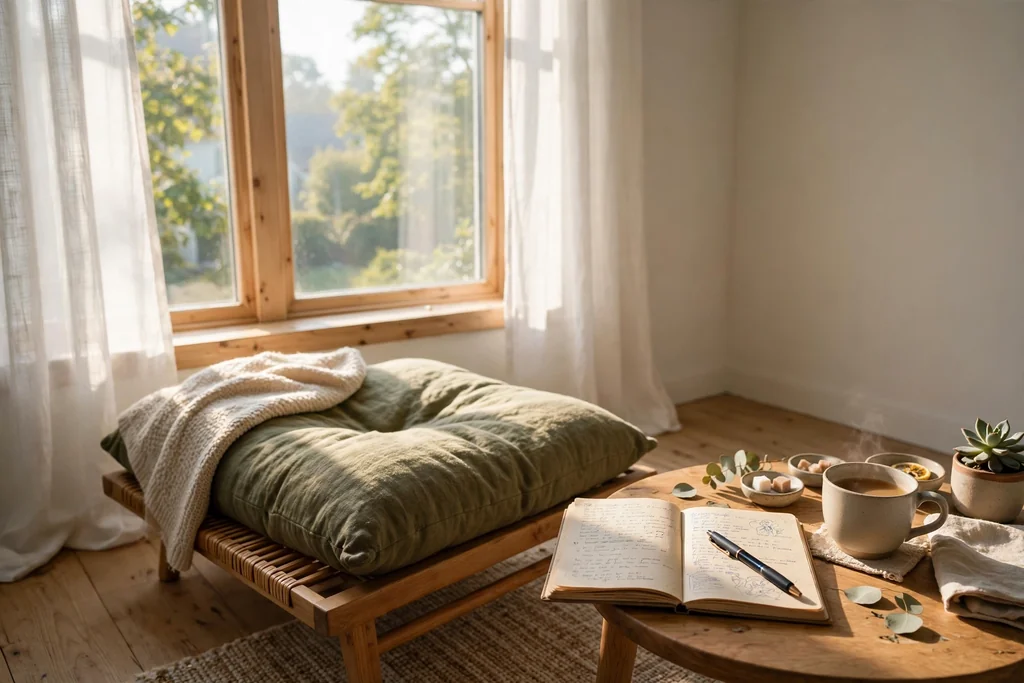 Morning corner by a bright window with a low chair, small table, journal, and tea.