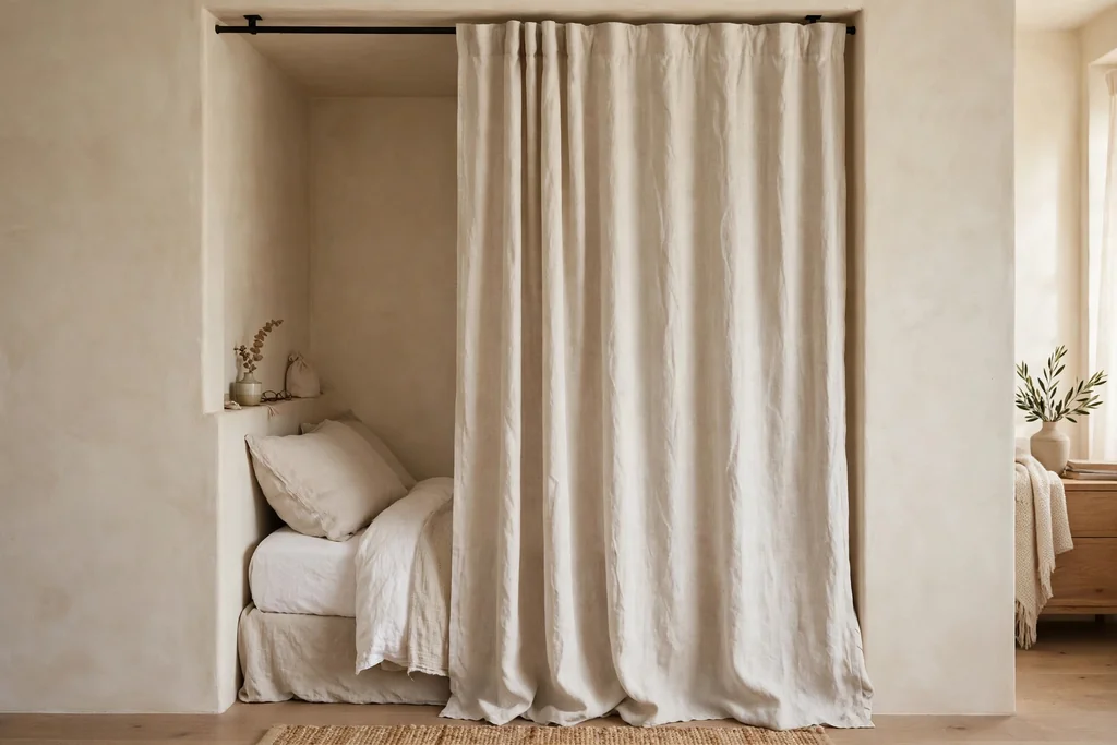 Bed alcove screened by a plain linen curtain hung from a ceiling track.