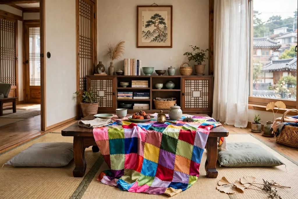 Korean living room with a colorful patchwork bojagi cloth draped over a low table.