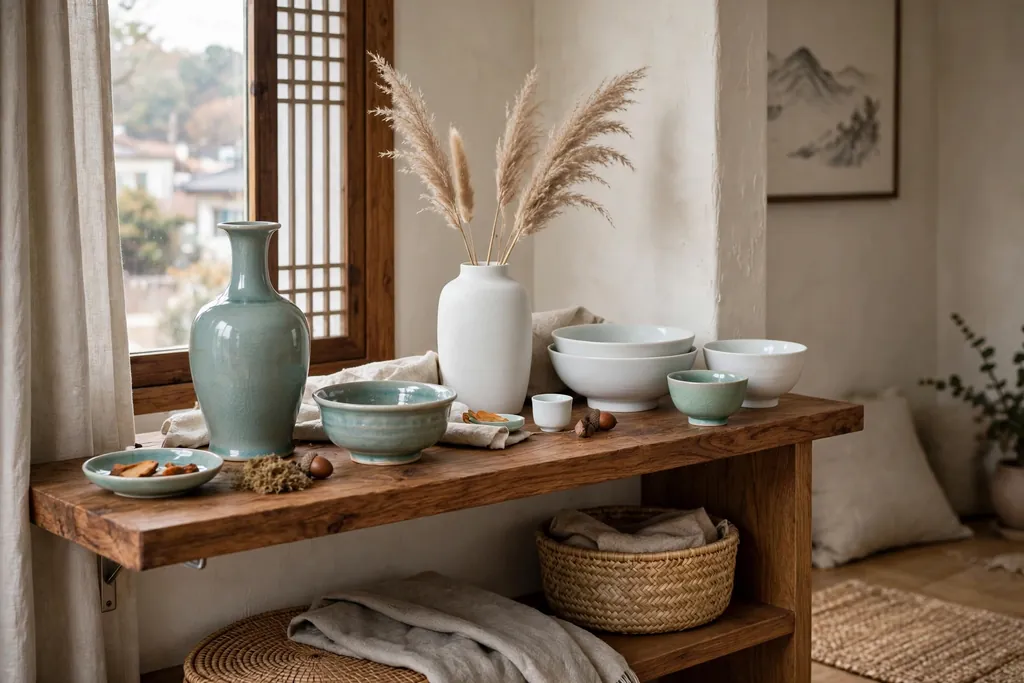 White porcelain and celadon ceramic vases and bowls grouped on a wooden shelf.