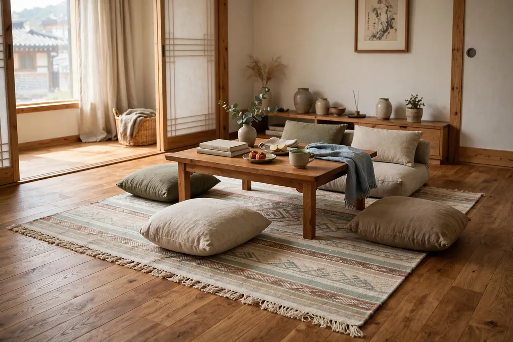 Flatweave rug under low seating and a low table on a warm wood floor.