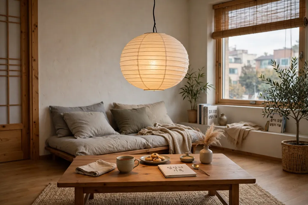 Korean living room with a white paper pendant lamp glowing over a low wood table.