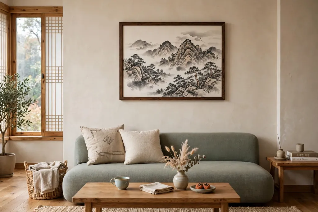 Korean living room wall with a framed ink wash painting above a low sofa.