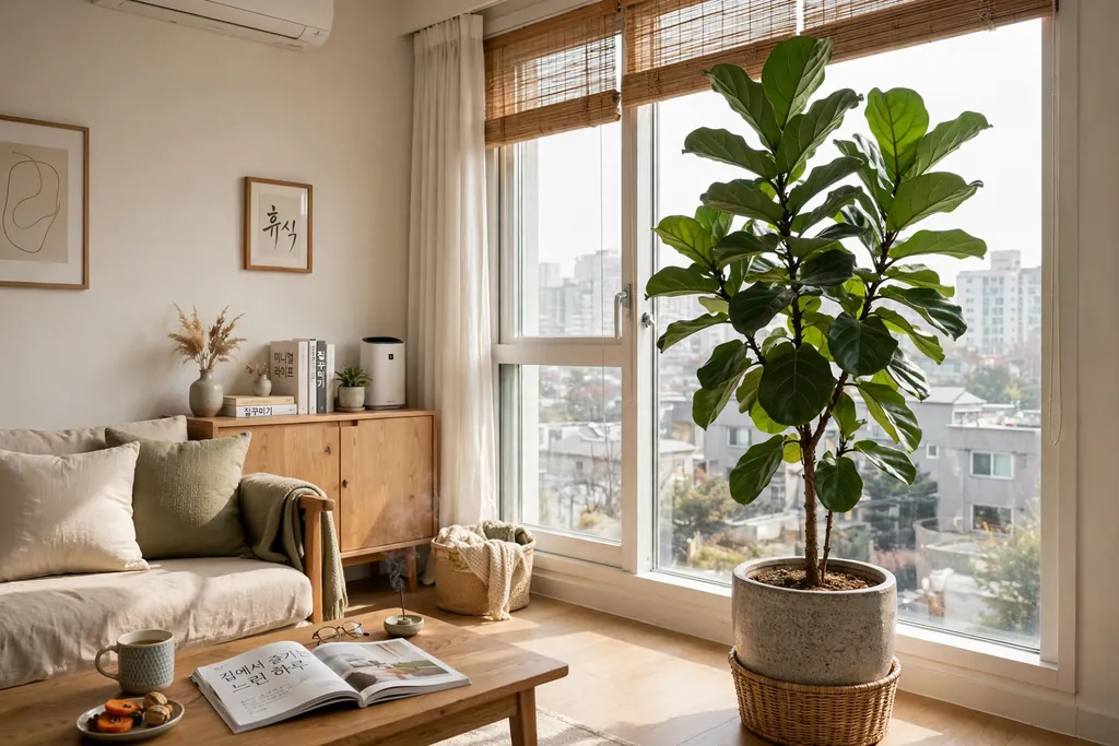Large potted plant by a bright window in a Korean living room.