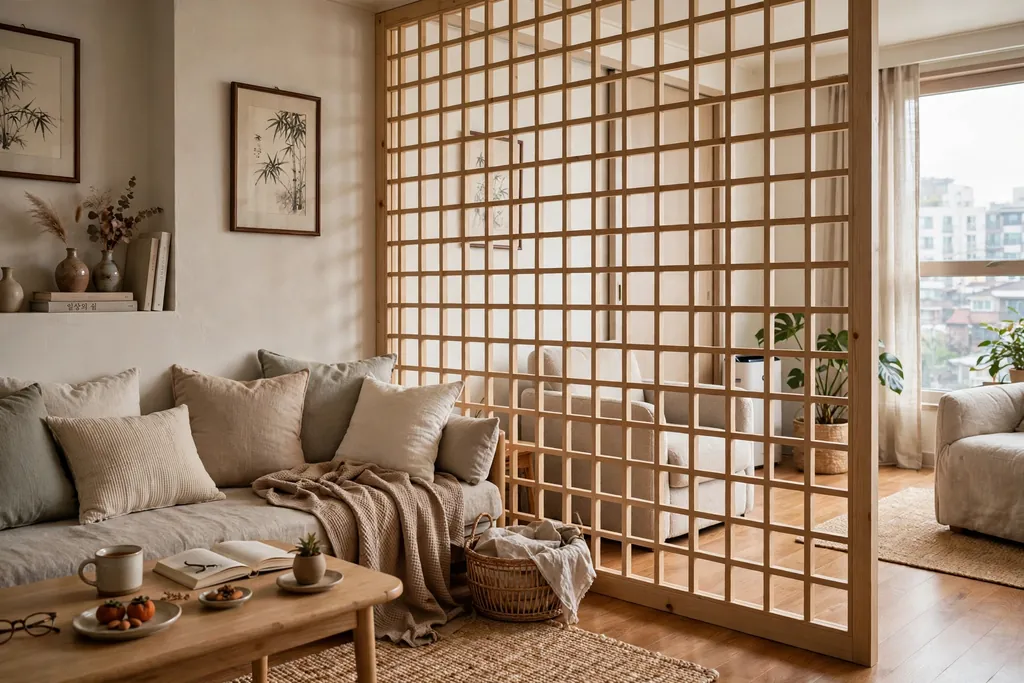 Light wood lattice screen dividing a seating corner in a Korean living room.