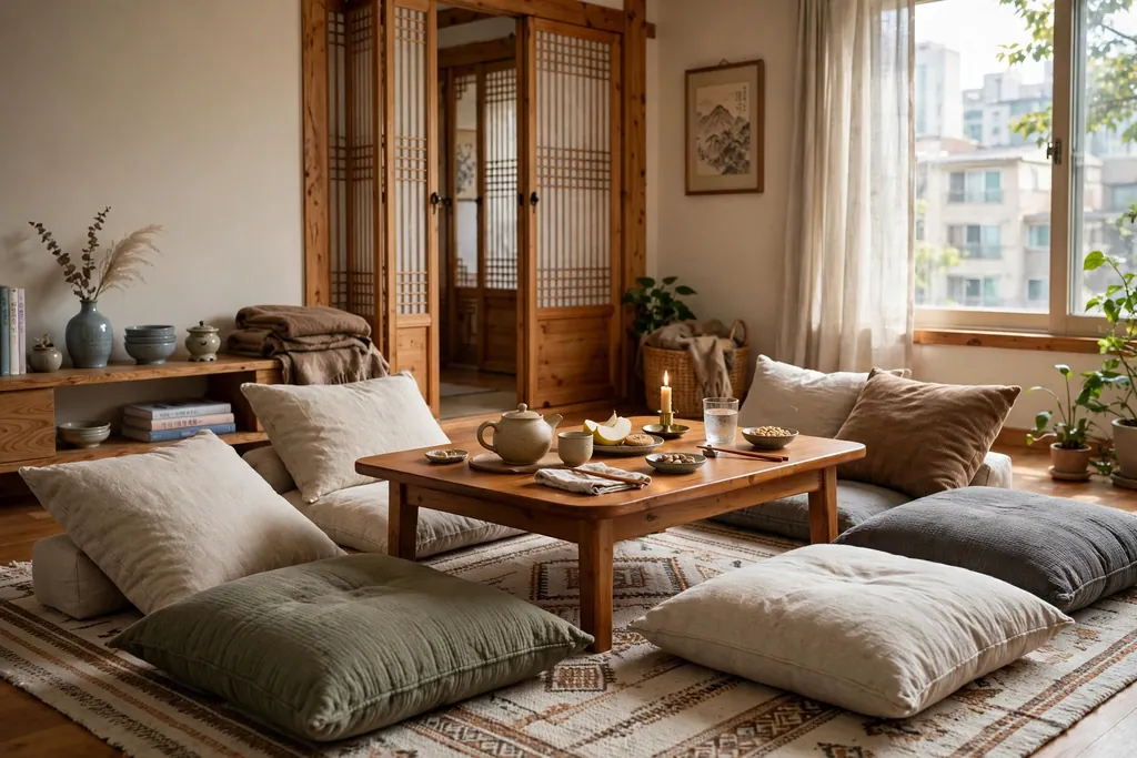 Korean living room with thick floor cushions around a low table on a rug.