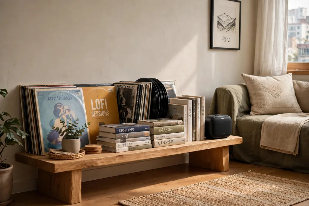 Low shelf with vinyl records, books, and a small speaker in a Korean living room.