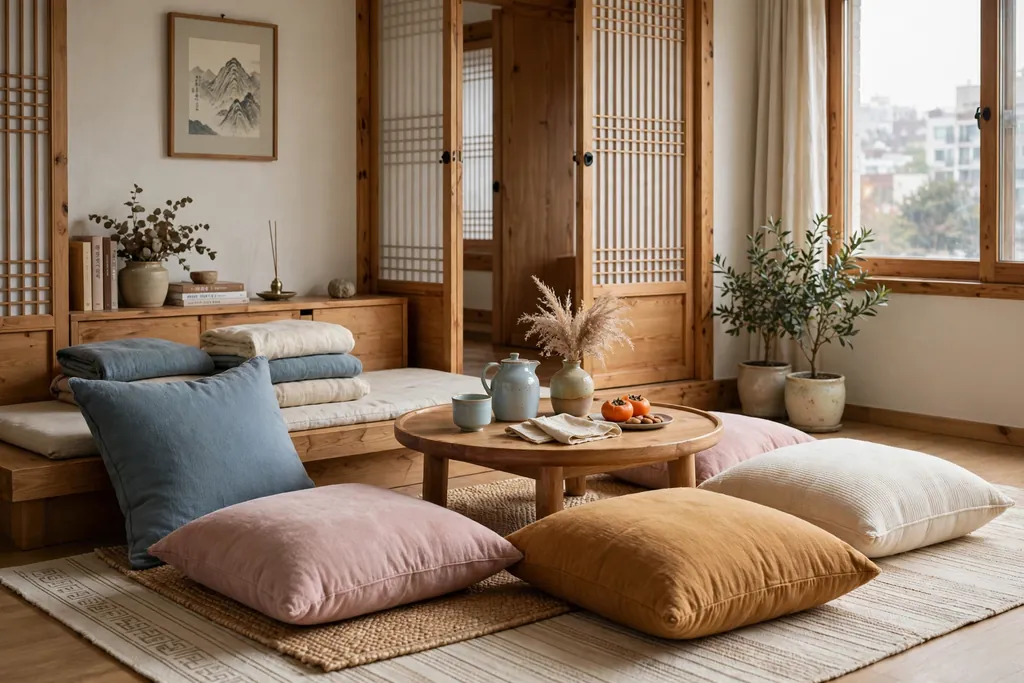 Low seating with muted blue, pink, ochre, and cream cushions in a Korean living room.