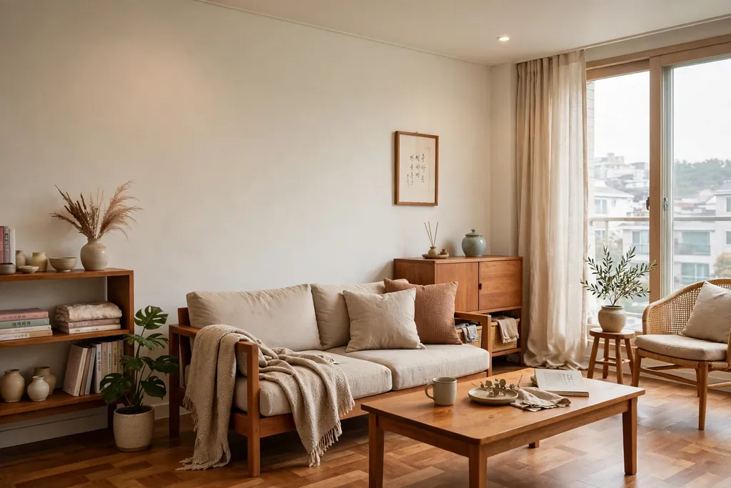 Korean living room with pale warm white walls and warm wood floors and furniture.