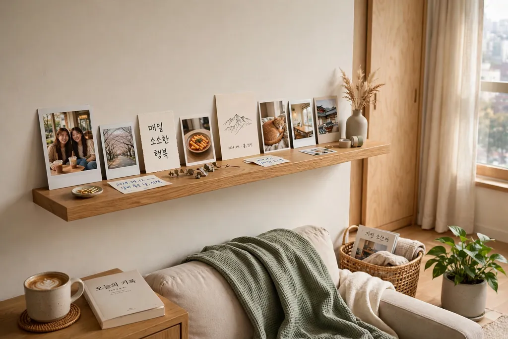 Picture ledge with personal photos and small prints in a Korean living room.
