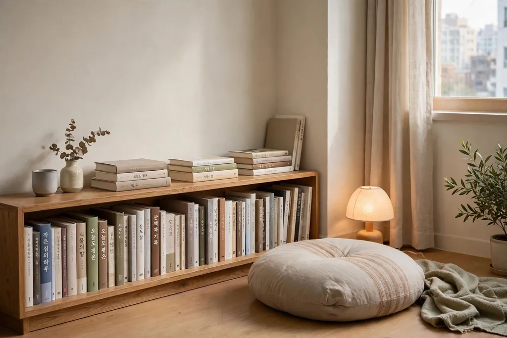 Low bookshelf with books, a floor cushion, and a small lamp in a Korean living room corner.