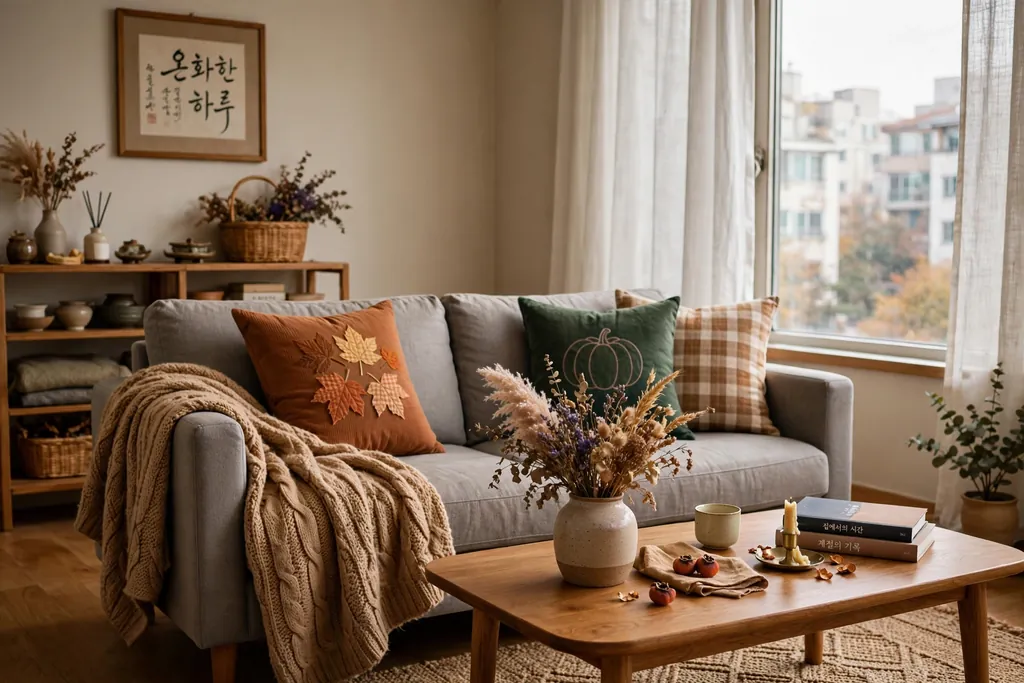 Korean living room with a warm throw, dried flowers in a vase, and seasonal cushions.