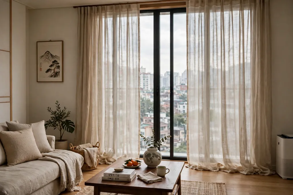 Tall window with sheer linen curtains falling to the floor in a Korean living room.