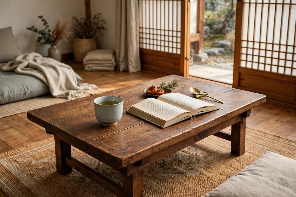 Low wooden soban style table with a tea cup and a book in a Korean living room.