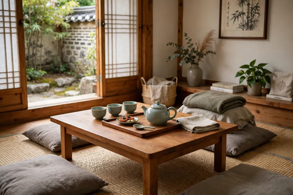 Tea set with a small teapot and cups on a tray on a low table in a Korean living room.