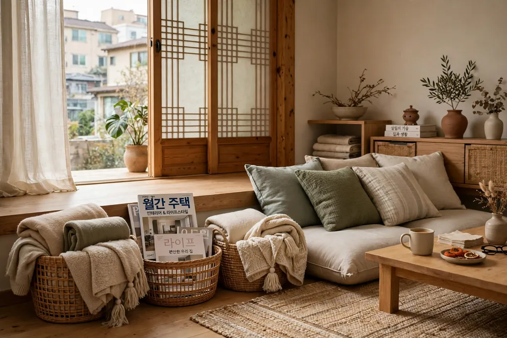 Woven baskets holding throws and magazines beside low seating in a Korean living room.