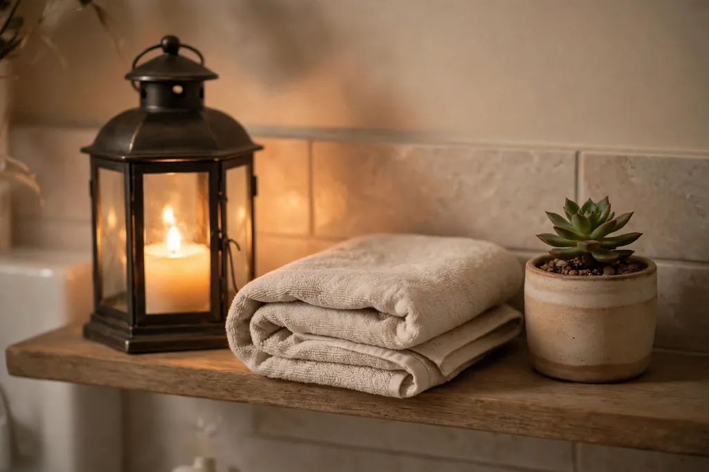 Lantern on a bathroom shelf beside a folded towel and a small plant.