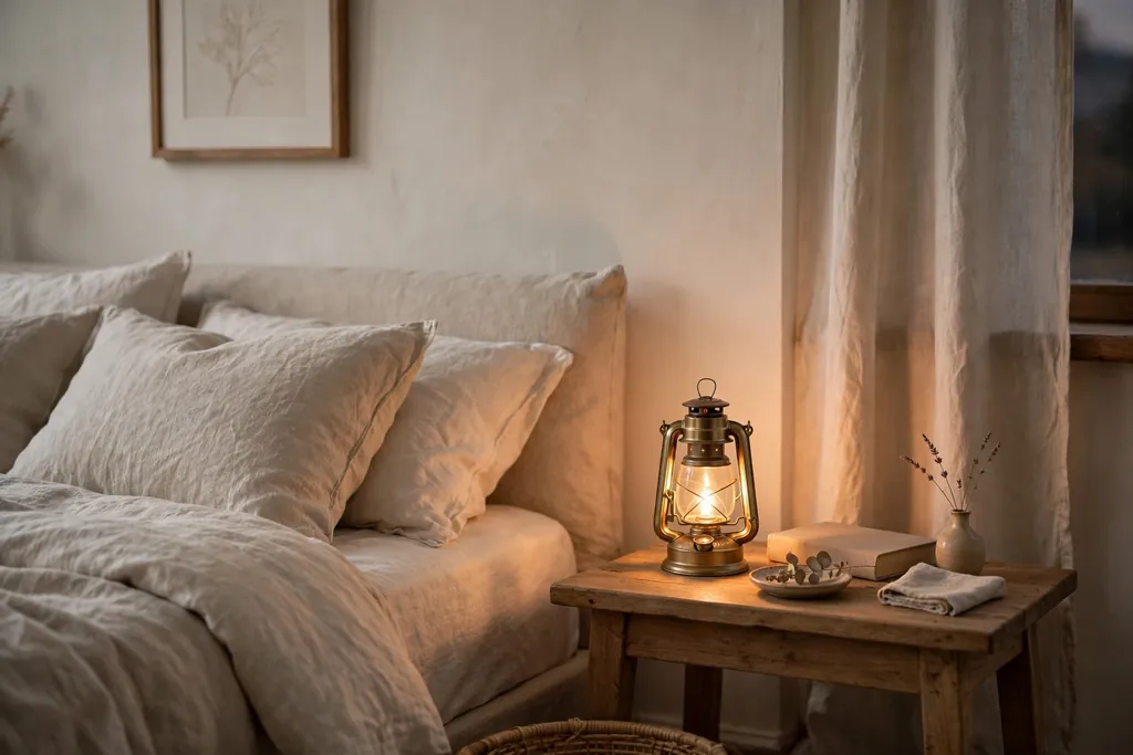 Small lantern glowing on a bedside table beside a bed in a calm bedroom.
