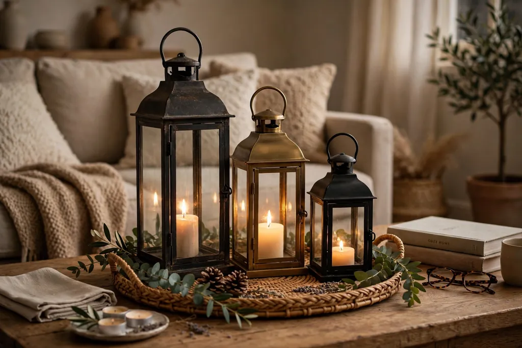 Three lanterns of different heights grouped on a tray on a coffee table in a living room.