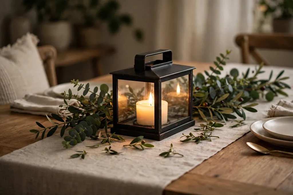 Low lantern centerpiece on a dining table with a runner and greenery beside it.