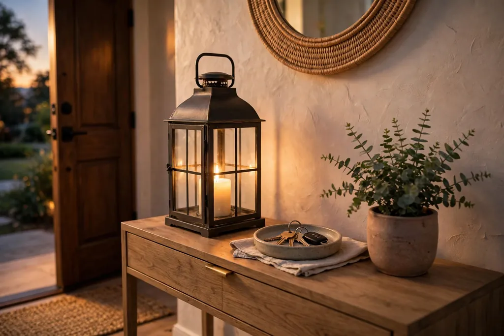 One large lantern on an entryway console beside a small dish for keys and a plant.
