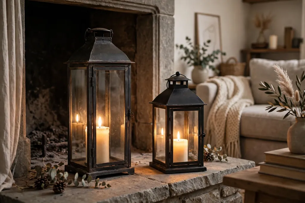Two lanterns, one tall and one medium, standing on a fireplace hearth in a living room.