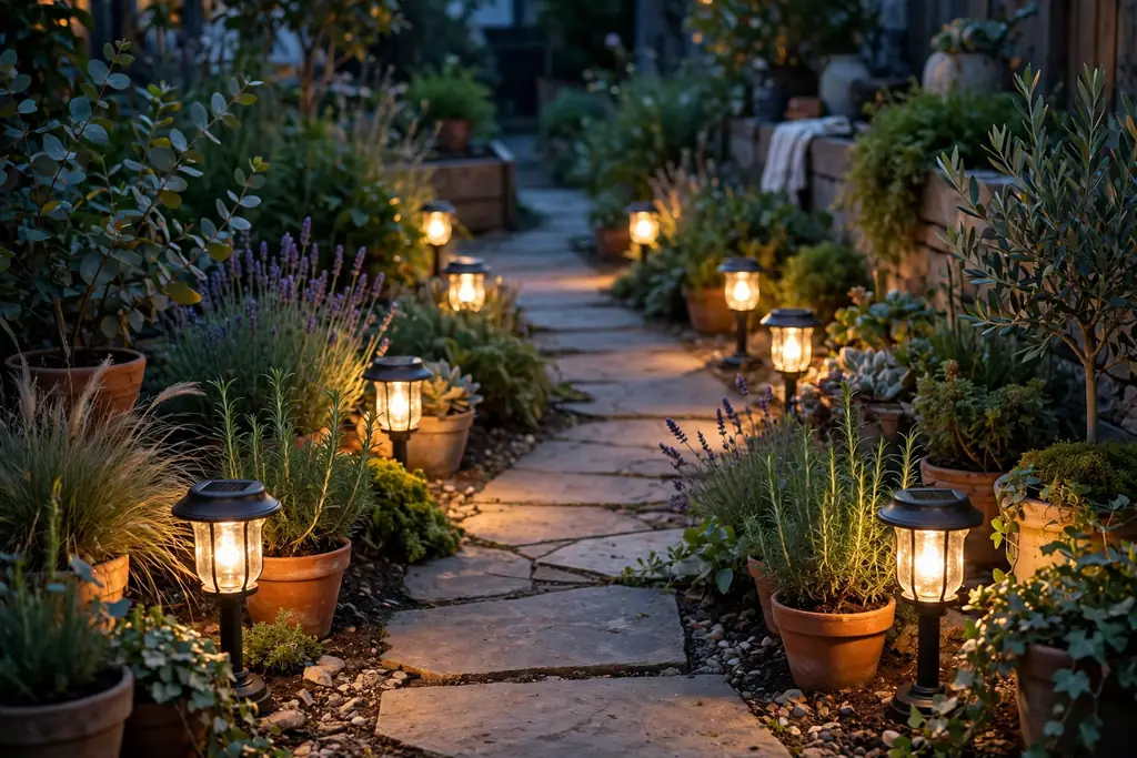 Solar lanterns lined along a garden path among plants at dusk.