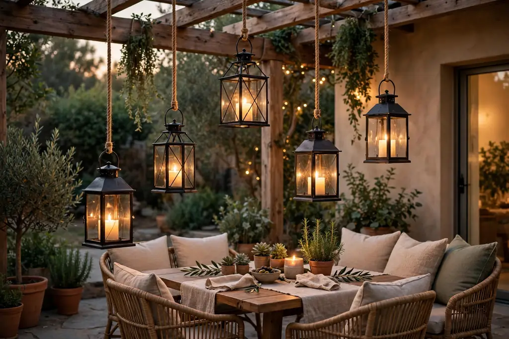 Lanterns hanging at different heights from a pergola beam above outdoor seating.