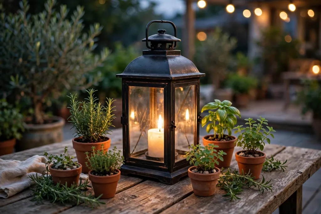 Large lantern in the middle of a patio table with small potted herbs around it.
