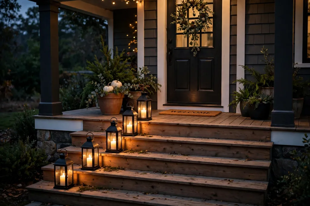 Lanterns placed on porch steps leading up to a front door in the evening.