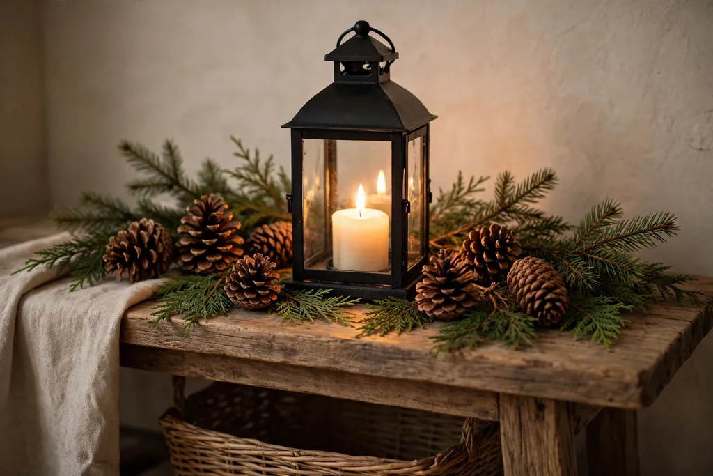 One lantern on a console surrounded by pinecones and evergreen sprigs for winter.