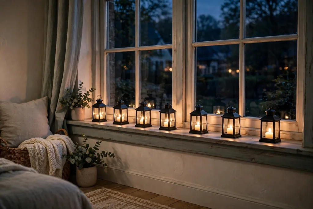 Small lanterns lined along a deep window sill in a front room in the evening.
