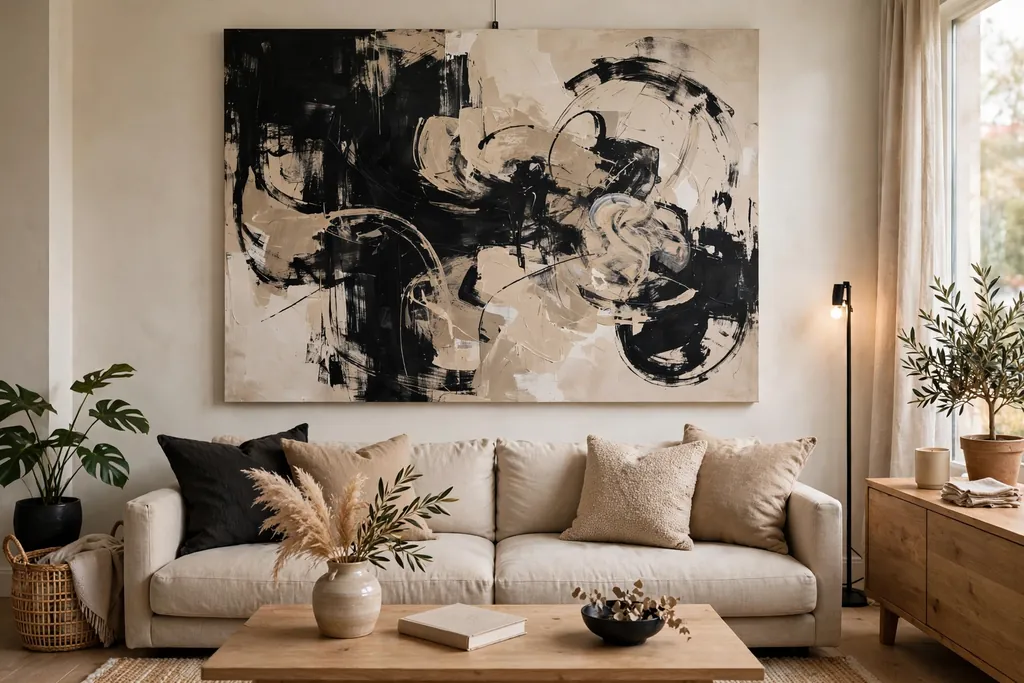Large black and beige abstract canvas hanging over a sofa.