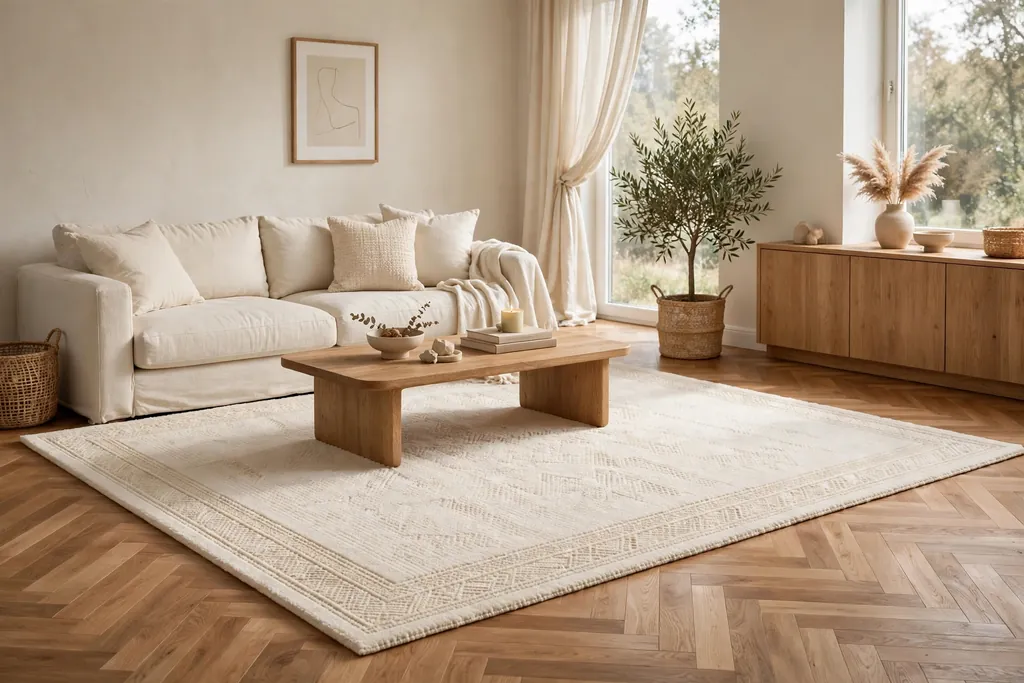 Large cream area rug on a wooden floor under a coffee table in a cream living room.